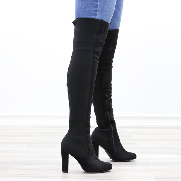 Heel Thigh High Boots Womens Over The Knee Suede & Stretchy Material Mix - Picture 2 of 13